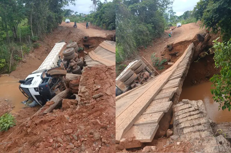 Caminhão caçamba da Prefeitura cai após ponte ceder em Nova Brasilândia D’Oeste