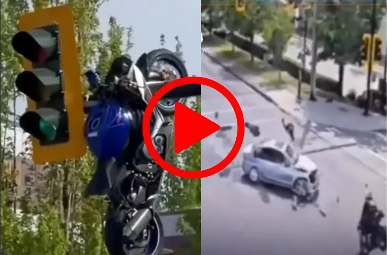 Moto fica pendurada em semáforo após grave acidente no Canadá