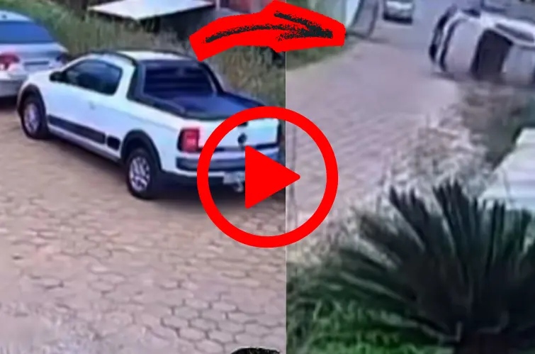 Câmera registra carro estacionado capotando após ser atingido durante manobra de ré