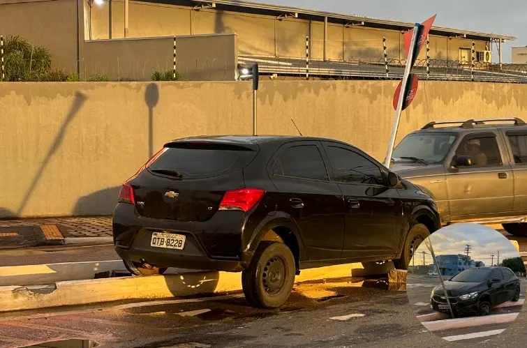 Motorista perde controle e colide com placa de sinalização na Avenida Rio Madeira