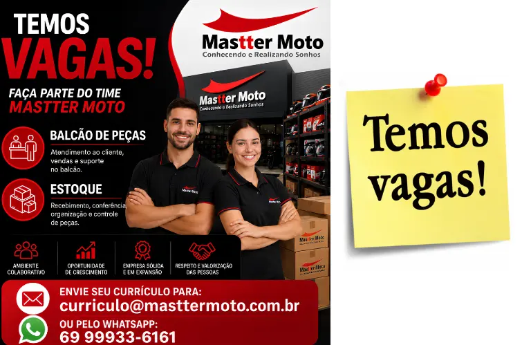 Mastter Moto abre vagas para balcão de peças e estoque em Porto Velho