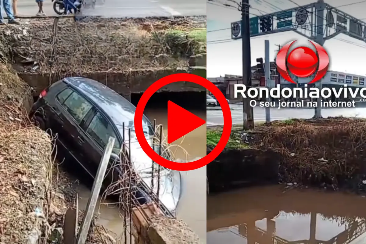 Inundação provoca queda de carro em córrego durante forte chuva em Porto Velho