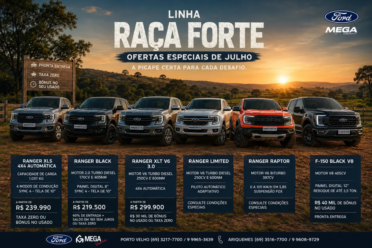 Mega Ford lança campanha de julho com condições especiais para toda a linha Ford Ranger em Rondônia