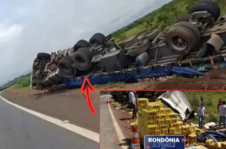 Carreta carregada de cerveja tomba na BR-364 em Pimenta Bueno