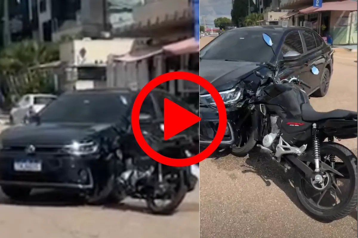 Moto fica presa em carro após grave acidente em cruzamento próximo ao Ministério Público em Porto Velho