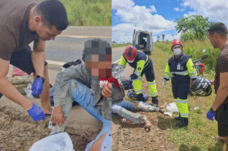 Militar do BOPE e bombeiro prestam socorro a motociclista ferido entre Jaru e Ariquemes